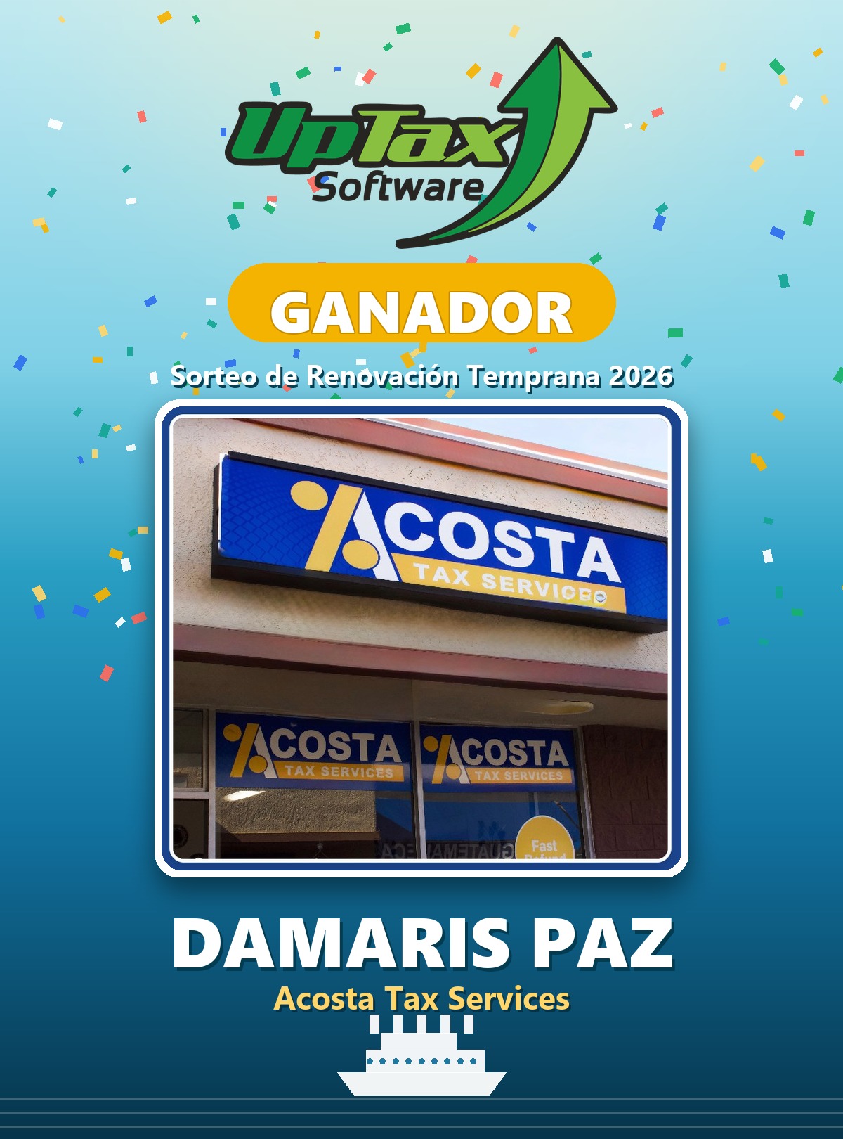 Ganadora del sorteo 2026: Damaris Paz, Acosta Tax Services
